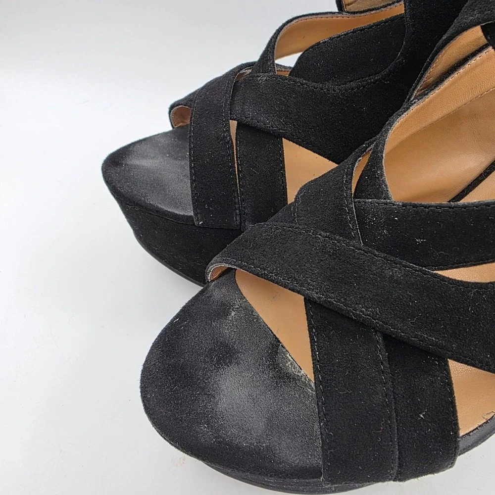 Kelsi Dagger Nelly Black Suede Strappy Platform Wedge Sandals Womens 10M